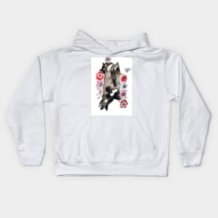 Black and White Cat with Flowers Kids Hoodie